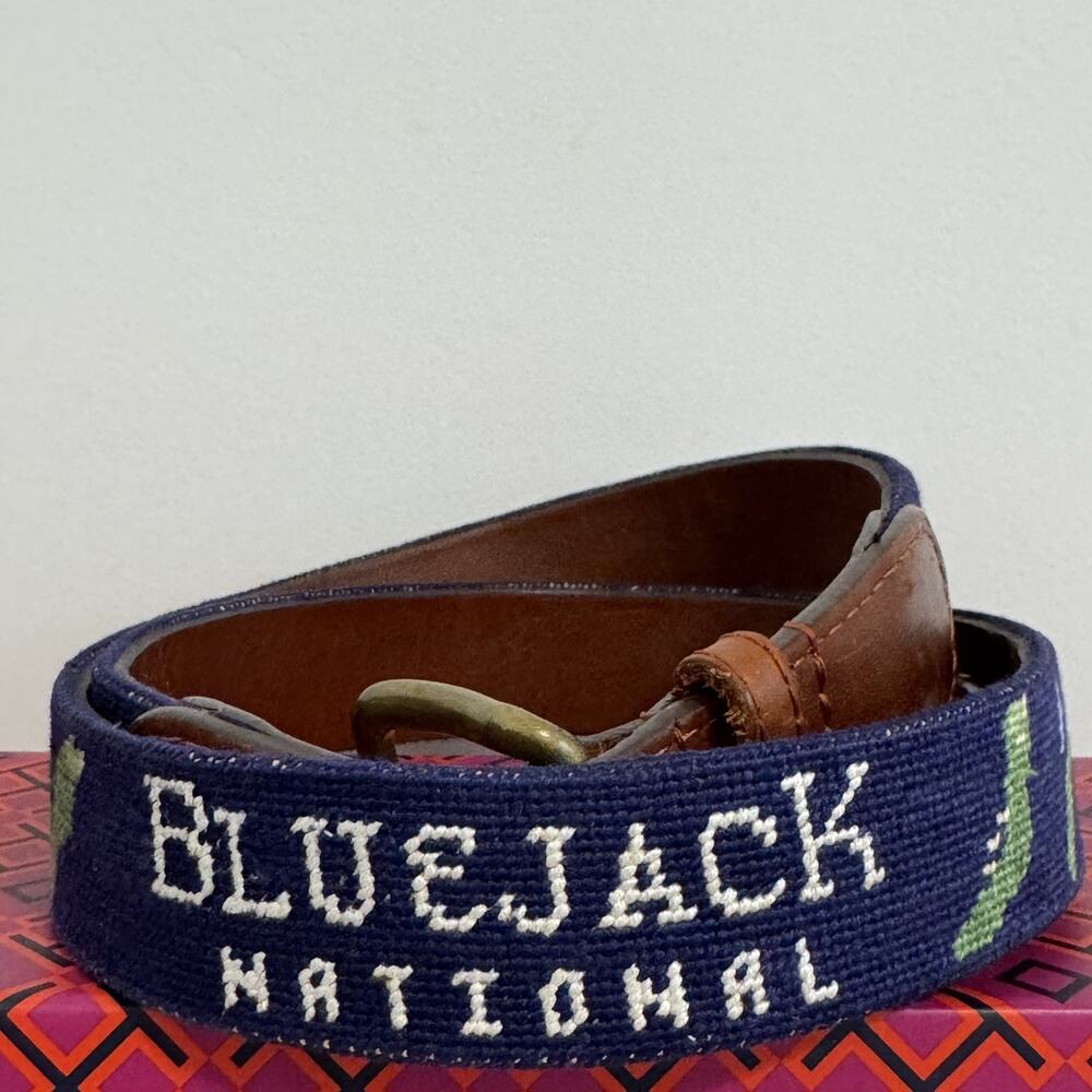 Smathers & Branson Belt Hand Stitched Needlepoint Men's 38 Navy Blue